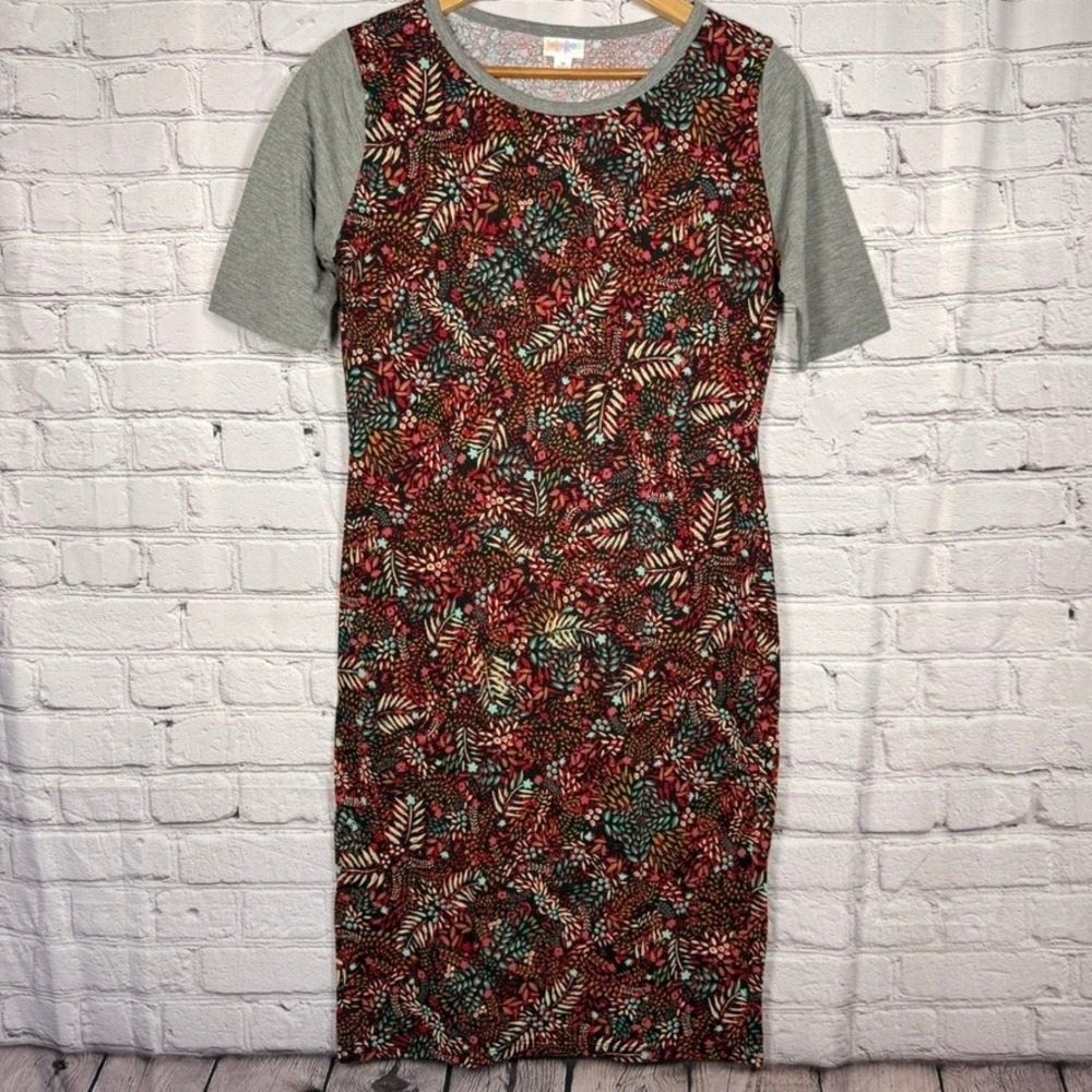 LuLaRoe Julia Dress Womens Medium Floral Botanical Raglan Short Sleeve Midi Grey
